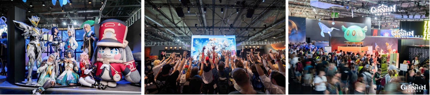 gamescom Köln — Panorama über Cosplay, Publikum und Genshin-Impact-Messestand